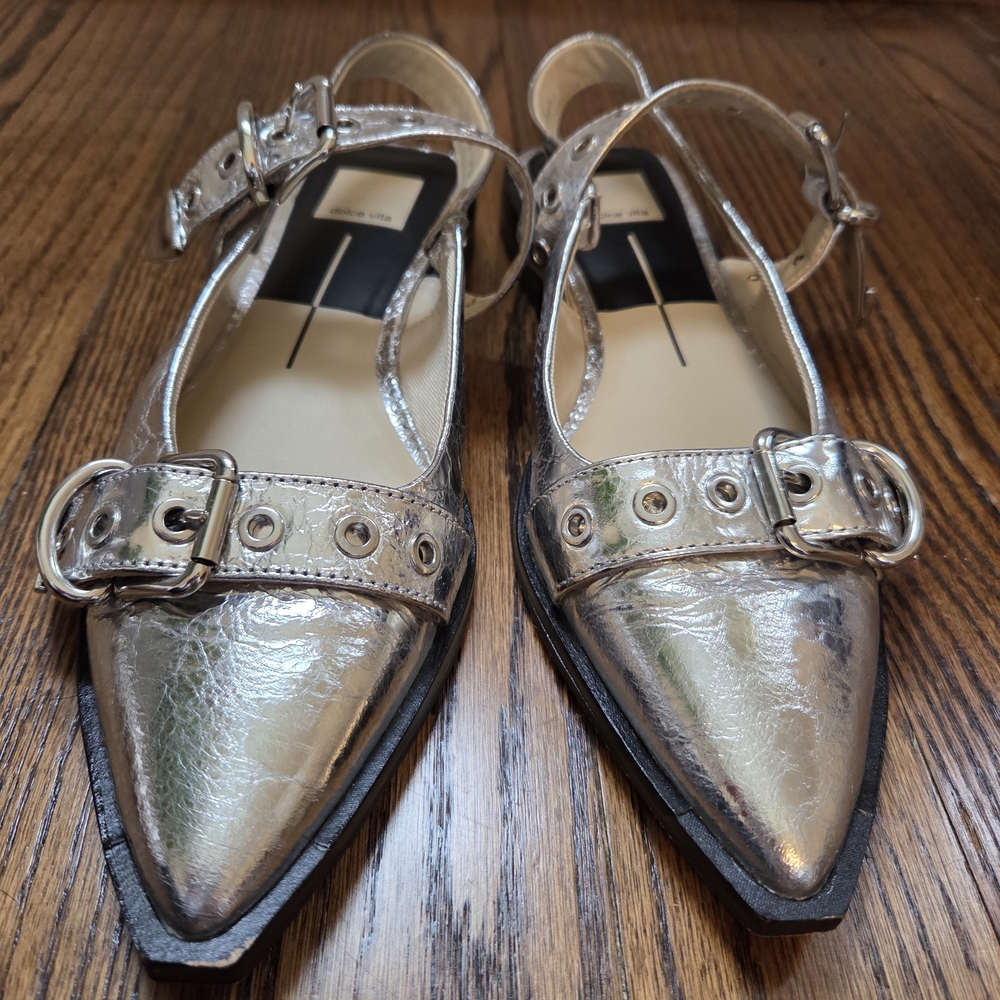 Silver Women's Buckle Strap Flats